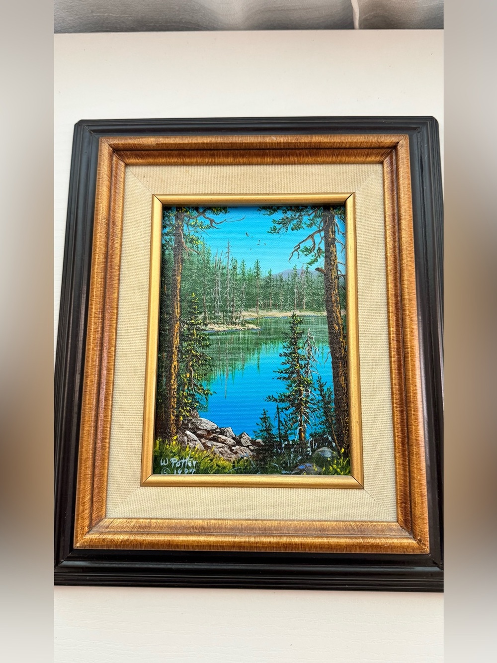 Framed Lake Landscape Oil Painting with Turquoise Waters